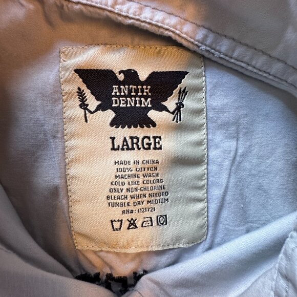 Antik Denim Button Up Patch Shirt Mens Large Blue Long Roll Tab Sleeves Patches - Picture 13 of 13